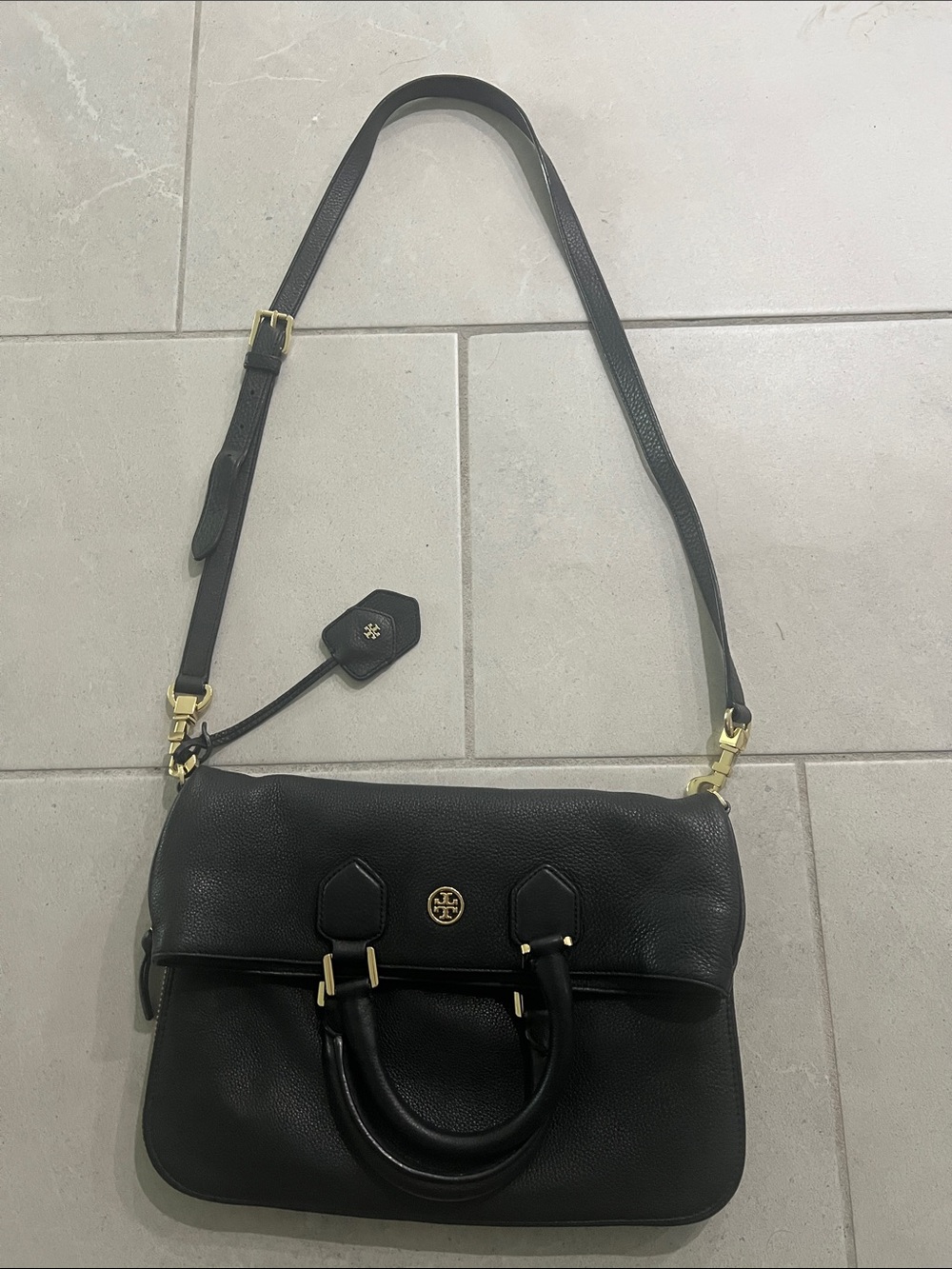 Tory Burch Black Pebbled Leather Satchel with Adjustable Strap